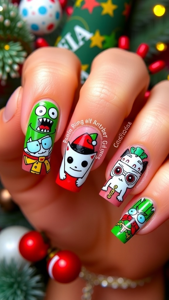 Invader Zim Christmas Nail Art Christmas-themed Invader Zim nail art with colorful designs and festive motifs.